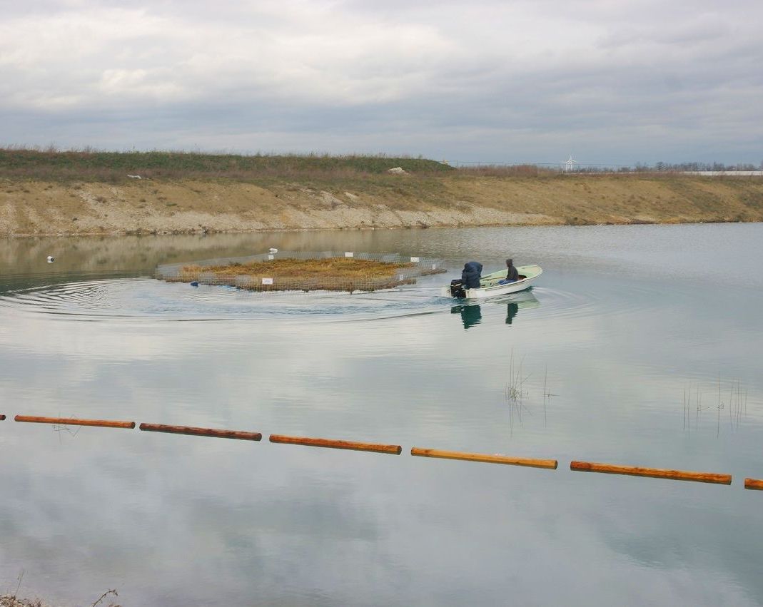 Schwimminsel mit vorgelagerten Wellenbrechern aus Lärchenholz