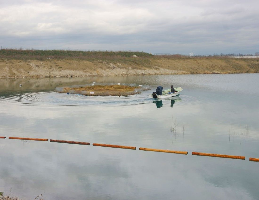 Schwimminsel mit vorgelagerten Wellenbrechern aus Lärchenholz